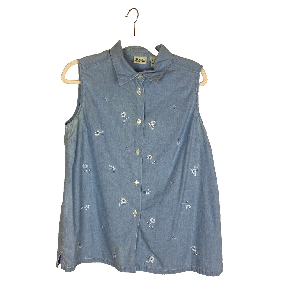 Vtg 90s Chambray Vest Sz L Classic Elements Floral Embroidered Cotton Blue